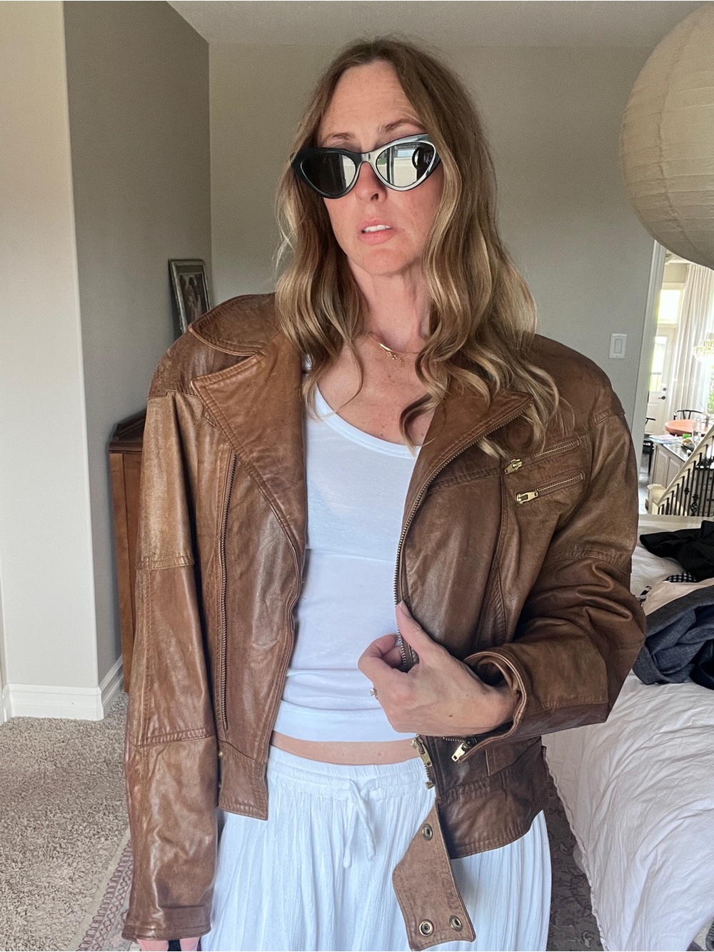 Vintage 90s Brown Leather Moto Biker Jacket Genuine Cropped Grunge Boho Womens
